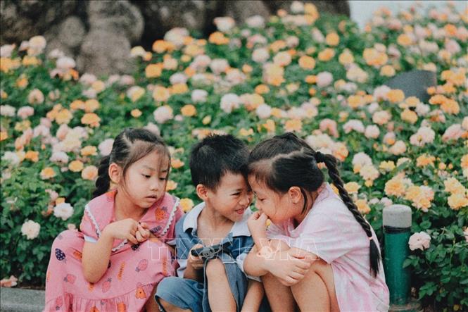 Các em nhỏ quây quần vui chơi bên thảm hoa ven hồ Hoàn Kiếm, tận hưởng không gian xanh giữa lòng Thủ đô. Ảnh: Phạm Tuấn Anh - TTXVN