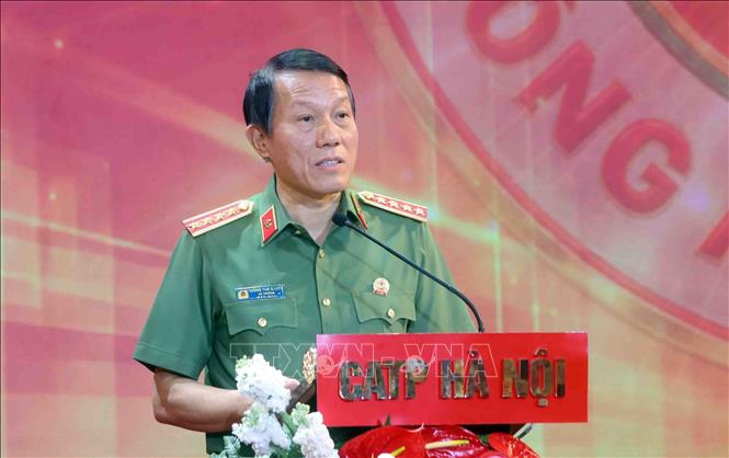 Đại tướng Lương Tam Quang, Ủy viên Bộ Chính trị, Bộ trưởng Bộ Công an, Chủ tịch Hiệp hội thể thao Công an nhân dân phát biểu. Ảnh: Phạm Kiên - TTXVN
