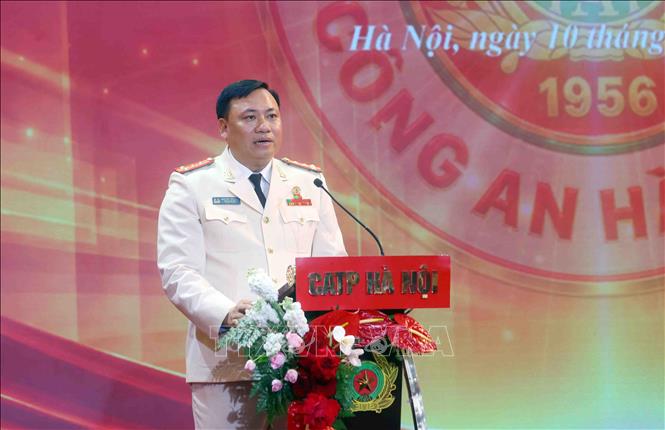 Đại tá Nguyễn Tiến Đạt, Phó Giám đốc Công an thành phố Hà Nội, Chủ tịch Câu lạc bộ bóng đá Công an Hà Nội phát biểu. Ảnh: Phạm Kiên - TTXVN