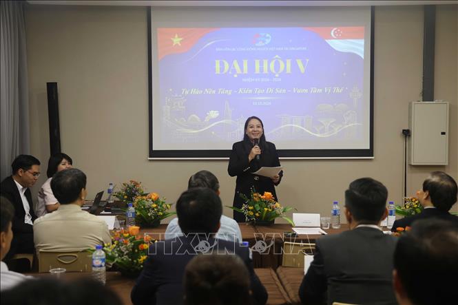 Bà Tạ Thuỳ Liên, Chủ tịch Ban Liên lạc Cộng đồng người Việt Nam tại Singapore (VNAS) nhiệm kỳ V phát biểu tại Đại hội. Ảnh: Việt Dũng - P/v TTXVN tại Singapore