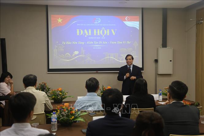 Giáo sư Vũ Minh Khương, thành viên ban cố vấn phát biểu tại Đại hội. Ảnh: Việt Dũng - P/v TTXVN tại Singapore