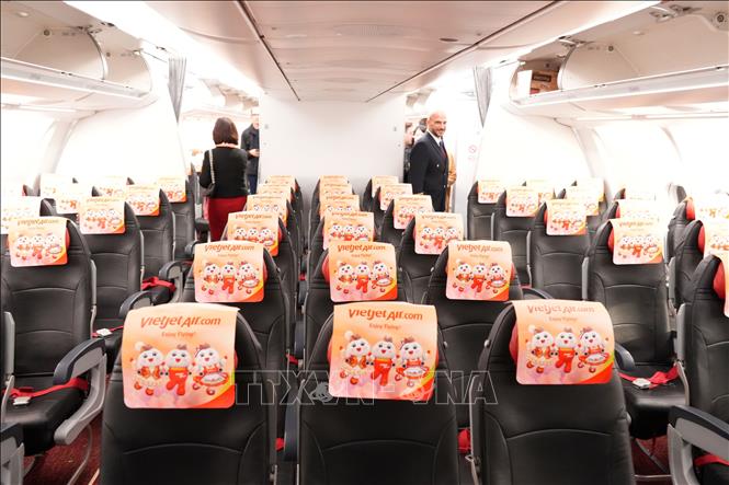 Không gian bên trong khoang Máy bay Airbus A330 của Hãng hàng không Vietjet Air. Ảnh: Trần Hòa – PV TTXVN tại Cộng hòa Séc