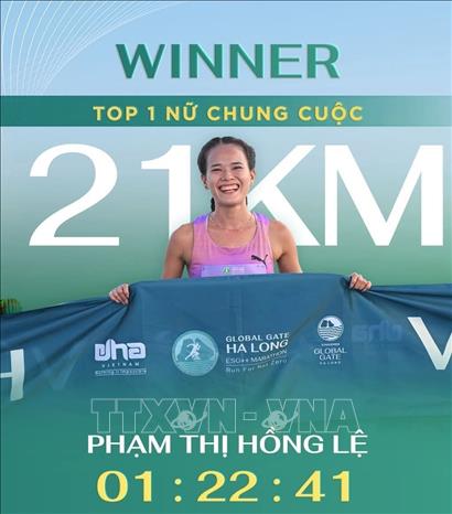 Nữ VĐV Phạm Thị Hồng Lê vô địch cự ly 21km nữ. Ảnh: Thanh Vân- TTXVN