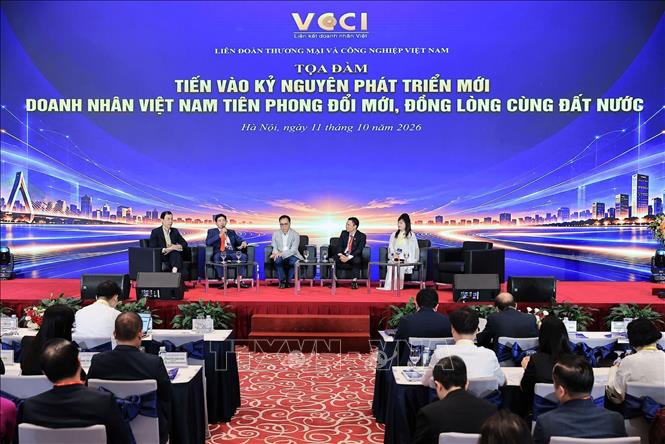 Phiên thảo luận tại Diễn đàn “Doanh nhân tiên phong – Chính phủ kiến tạo trong kỷ nguyên mới”. Ảnh: Lê Đông - TTXVN