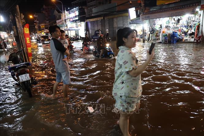 Người dân sống ở khu vực đường Phạm Hữu Lầu, phường Tân Mỹ, đã quen với tình trạng ngập nước do triều cường. Ảnh: Hồng Đạt - TTXVN