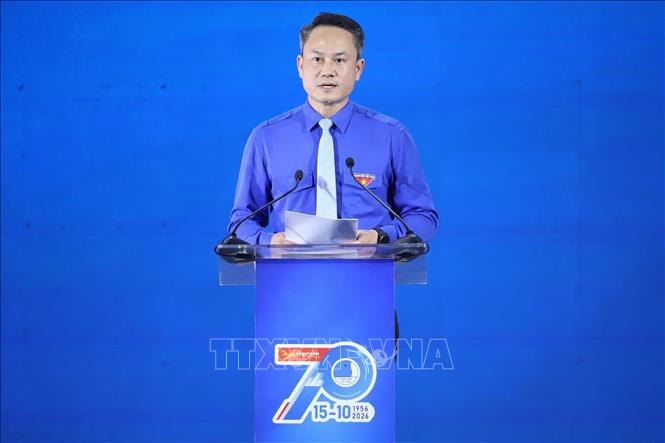 Đồng chí Nguyễn Kim Quy, Bí thư Trung ương Đoàn, Chủ tịch Trung ương Hội Liên hiệp Thanh niên Việt Nam phát biểu tại Lễ kỷ niệm. Ảnh: Minh Đức – TTXVN

