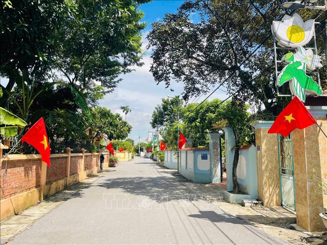 Trên những tuyến đường thảm nhựa tại xã Hoa Lộc, những lá cờ đỏ sao vàng nối dài tạo điểm nhấn cho cảnh quan làng quê. Ảnh Khiếu Tư - TTXVN