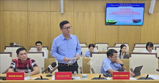 Lãnh đạo Hiệp hội Logistics Hải Phòng phát biểu. Ảnh: Minh Thu - TTXVN