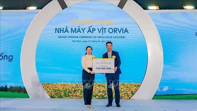 Đại diện doanh nghiệp trao biểu trưng trao tặng địa phương 100 triệu đồng để thực hiện công tác an sinh xã hội. Ảnh: Minh Phú – TTXVN