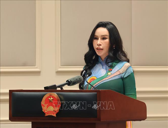 Anh hùng Lao động Lê Nữ Thuỳ Dương, Đại biểu Quốc hội khoá XVI, Phó Chủ tịch Trung ương Hội Chữ thập đỏ Việt Nam, Phó Chủ tịch - Tổng giám đốc Tập đoàn KN Holdings phát biểu. Ảnh: Thống Nhất – TTXVN