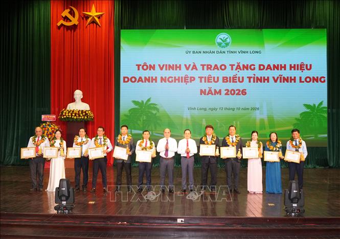 Tôn vinh và trao tặng danh hiệu Doanh nghiệp tiêu biểu tỉnh Vĩnh Long năm 2026. Ảnh: Phạm Minh Tuấn-TTXVN