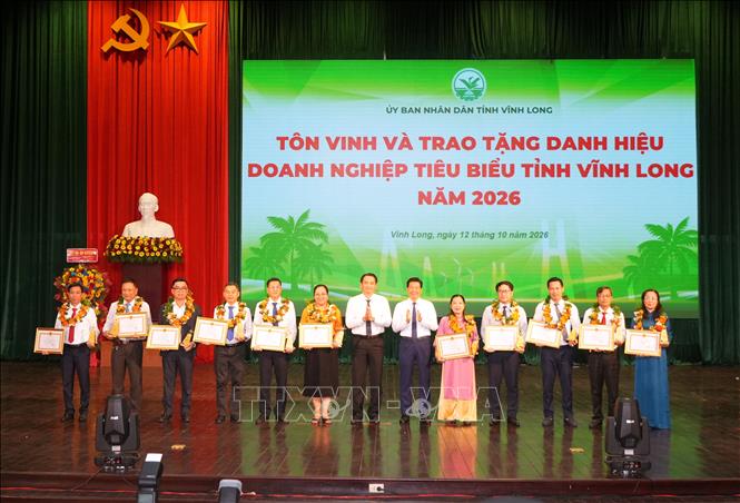 Tôn vinh và trao tặng danh hiệu Doanh nghiệp tiêu biểu tỉnh Vĩnh Long năm 2026. Ảnh: Phạm Minh Tuấn-TTXVN