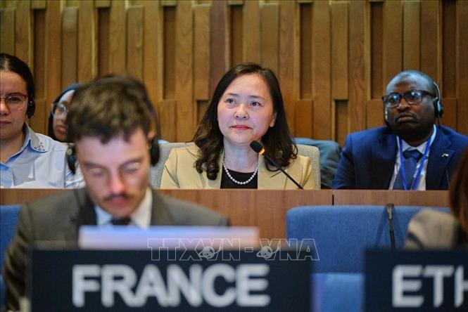 Đại sứ Nguyễn Thị Vân Anh, Trưởng Phái đoàn thường trực Việt Nam bên cạnh UNESCO, phát biểu tại phiên họp toàn thể Hội đồng Chấp hành UNESCO vào ngày 9/10. Ảnh: TTXVN phát 