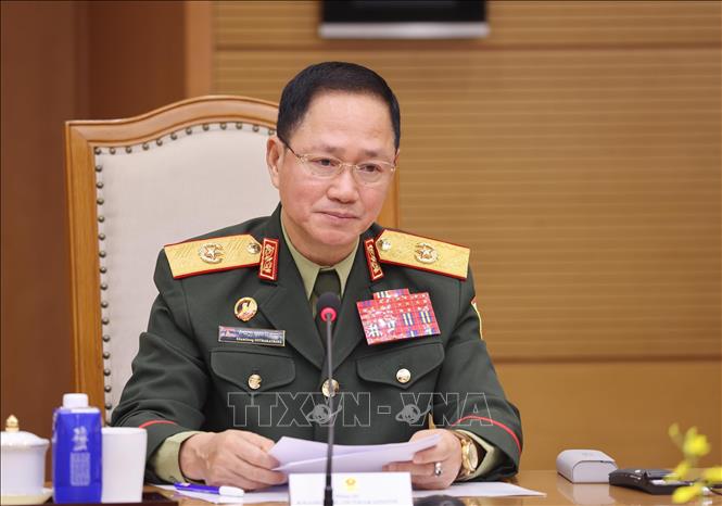 Đại tướng Khamliang Outhakaysone, Phó Thủ tướng, Bộ trưởng Bộ Quốc phòng Lào phát biểu. Ảnh: Lâm Khánh - TTXVN