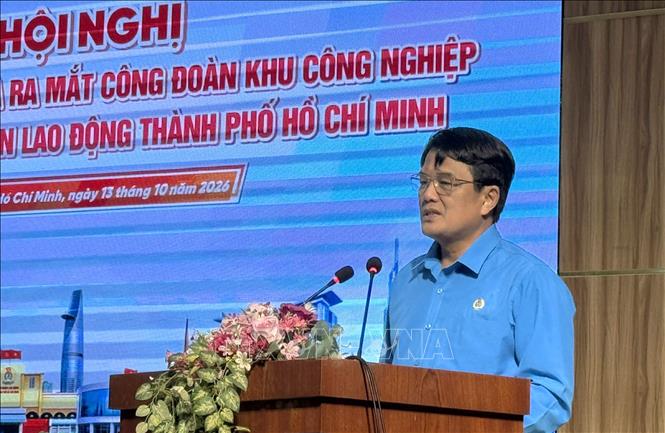 Ông Bùi Thanh Nhân, Chủ tịch Liên đoàn Lao động Thành phố Hồ Chí Minh, phát biểu tại hội nghị. Ảnh: Thanh Vũ - TTXVN