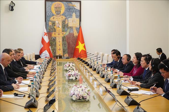 Phó Chủ tịch nước Võ Thị Ánh Xuân hội kiến Chủ tịch Quốc hội Gruzia Shalva Papuashvili. Ảnh: Tâm Hằng - PV TTXVN tại Đông Âu