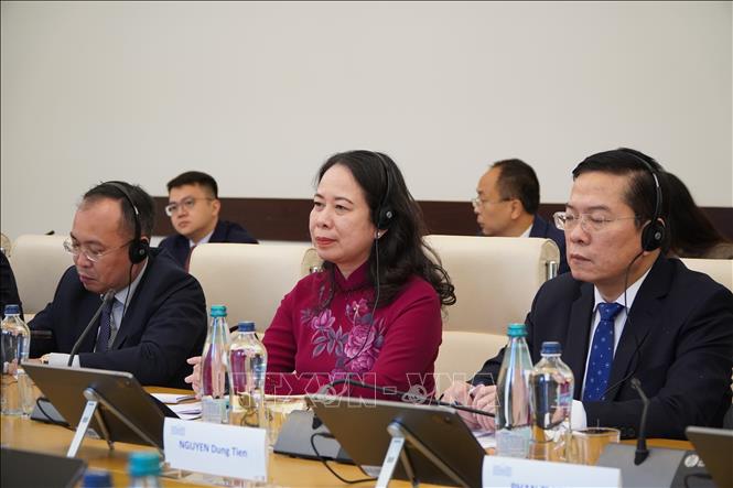 Phó Chủ tịch nước Võ Thị Ánh Xuân tại cuộc hội kiến Chủ tịch Quốc hội Gruzia Shalva Papuashvili. Ảnh: Tâm Hằng - PV TTXVN tại Đông Âu