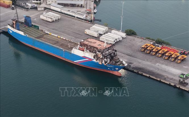 Con tàu có tên Nadezhda về tới cảng Samsun, Thổ Nhĩ Kỳ ngày 8/8/2026, sau khi bị tấn công tại khu vực Biển Đen. Ảnh: THX/TTXVN phát