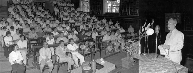 Giáo sư  Ngụy Như Kontum, hiệu trưởng đầu tiên của Đại học Tổng hợp phát biểu tại lễ tốt nghiệp khóa thứ 3 của trường (17/3/1960). Ảnh: Vũ Tín - TTXVN