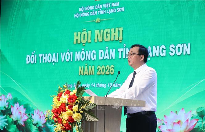 Chủ tịch Hội Nông dân tỉnh Lạng Sơn Triệu Quang Huy phát biểu khai mạc Hội nghị đối thoại với nông dân năm 2026. Ảnh: Anh Tuấn – TTXVN