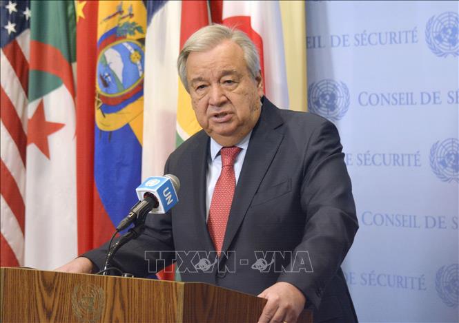Tổng Thư ký LHQ Antonio Guterres phát biểu họp báo tại New York, Mỹ. Ảnh: Kyodo/TTXVN phát