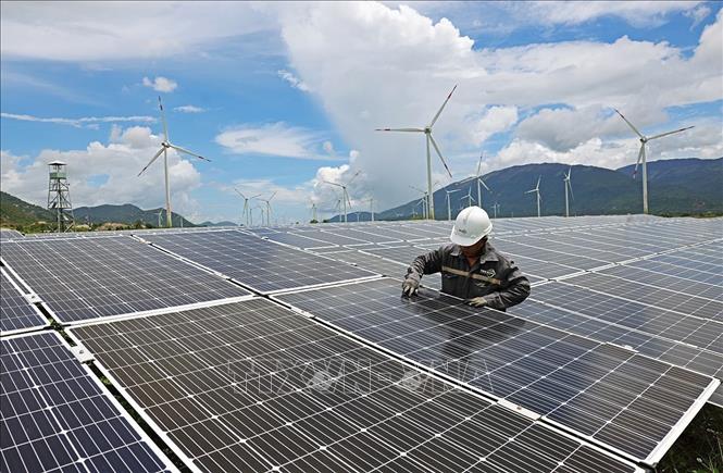 Kiểm tra tấm pin năng lượng trong khi đang vận hành sản xuất, ở cánh đồng điện mặt trời của Công ty TNHH Điện Mặt Trời Trung Nam Thuận Nam, xã Thuận Nam, tỉnh Khánh Hoà. Ảnh: Vũ Sinh – TTXVN