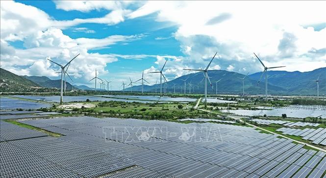 Cánh đồng điện mặt trời và điện gió của Công ty TNHH Điện Mặt Trời Trung Nam Thuận Nam ở xã Thuận Nam, tỉnh Khánh Hoà. Ảnh: Vũ Sinh – TTXVN