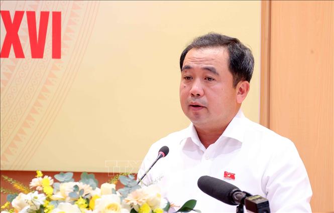 Đồng chí Trần Đức Thắng, Ủy viên Bộ Chính trị, Bí thư Thành ủy, Trưởng đoàn Đại biểu Quốc hội thành phố Hà Nội phát biểu. Ảnh: Văn Điệp - TTXVN