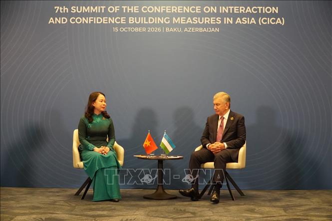 Phó Chủ tịch nước Võ Thị Ánh Xuân gặp Tổng thống Uzbekistan Shavkat Mirziyoyev. Ảnh: Tâm Hằng - PV TTXVN tại SNG