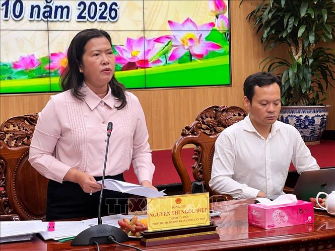 Bà Nguyễn Thị Ngọc Điệp - Phó Chủ tịch UBND thành phố Cần Thơ phát biểu tại hội nghị. Ảnh: Ánh Tuyết - TTXVN