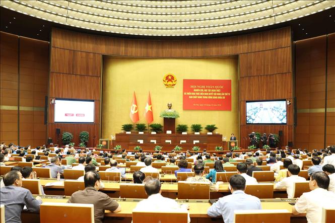 Quang cảnh hội nghị tại điểm cầu Trung tâm - Phòng họp Diên Hồng, Nhà Quốc hội, Hà Nội. Ảnh: Phương Hoa - TTXVN