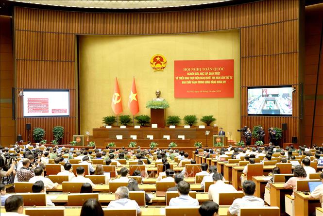 Quang cảnh hội nghị tại điểm cầu Trung tâm - Phòng họp Diên Hồng, Nhà Quốc hội, Hà Nội. Ảnh: Phương Hoa - TTXVN