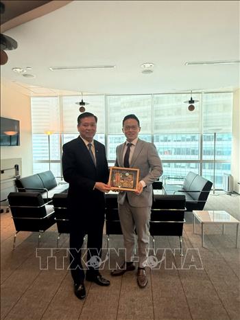 Đồng chí Nguyễn Long Hải gặp ông Desmond Choo - Ủy viên Trung ương Đảng Hành động Nhân dân Singapore (PAP), Quốc vụ khanh Bộ Quốc phòng. Ảnh: TTXVN phát
