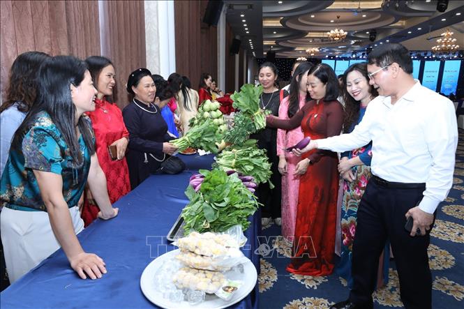 Đại biểu tham quan các gian hàng trưng bày sản phẩm OCOP của địa phương do phụ nữ tham gia sản xuất tại Diễn đàn. Ảnh: Anh Tuấn – TTXVN