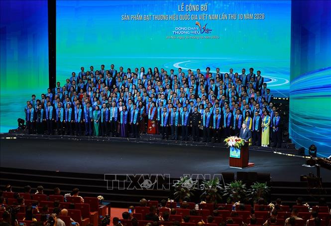 Thủ tướng Lê Minh Hưng phát biểu tại Lễ công bố sản phẩm đạt Thương hiệu quốc gia Việt Nam lần thứ 10 - năm 2026. Ảnh: Dương Giang – TTXVN
