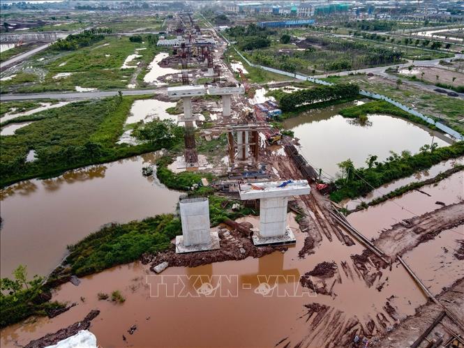 Hệ thống trụ cầu và kết cấu cầu dẫn đang được thi công trên tuyến Vành đai 4 – Vùng Thủ đô. Ảnh: Vũ Quang - TTXVN