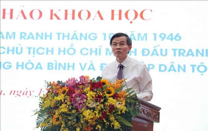 Đồng chí Đoàn Minh Huấn, Ủy viên Bộ Chính trị, Giám đốc Học viện Chính trị quốc gia Hồ Chí Minh phát biểu tại hội thảo. Ảnh: Đặng Tuấn -TTXVN 