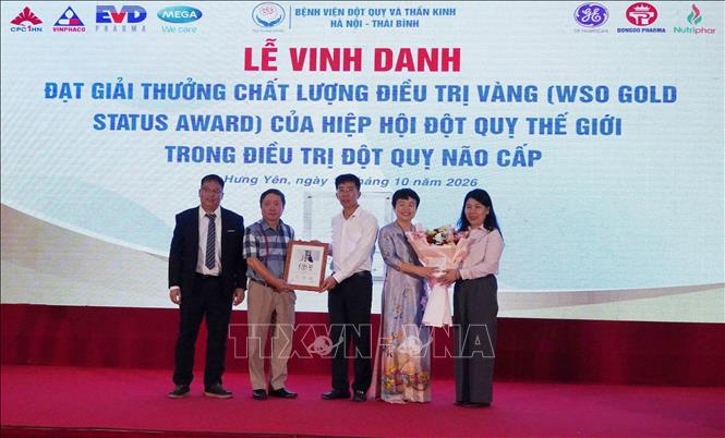 Trao Giải thưởng Chất lượng điều trị Vàng của Tổ chức Đột quỵ Thế giới cho Bệnh viện Đột quỵ và Thần kinh Hà Nội – Thái Bình. Ảnh: Nguyễn Công Hải - TTXVN