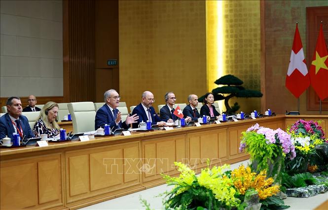 Tổng thống Liên bang Thụy Sĩ Guy Parmelin phát biểu tại cuộc hội kiến Thủ tướng Lê Minh Hưng. Ảnh: Dương Giang – TTXVN

