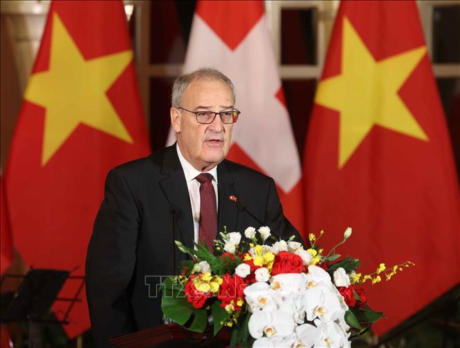 Tổng thống Liên bang Thụy Sĩ Guy Parmelin phát biểu. Ảnh: Thống Nhất -TTXVN