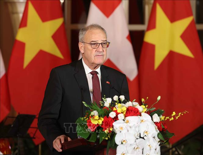 Tổng thống Liên bang Thụy Sĩ Guy Parmelin phát biểu. Ảnh: Thống Nhất -TTXVN