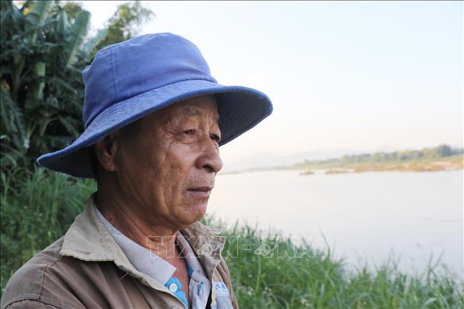 Ông Nguyễn Tấn Dương người dân xóm 2, thôn An Tây buồn rầu vì mất đất sản xuất, cây trồng do sạt lở. Ảnh: Phạm Cường-TTXVN