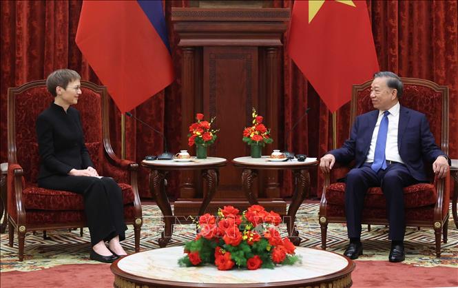 Tổng Bí thư, Chủ tịch nước Tô Lâm tiếp Thủ tướng Công quốc Liechtenstein Brigitte Haas. Ảnh: Thống Nhất – TTXVN