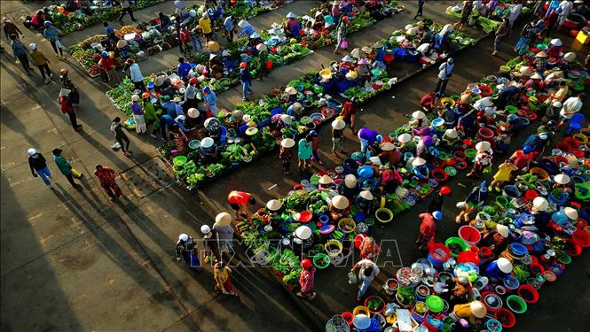 Điều dễ nhận thấy ở chợ “chồm hổm” Vị Thanh là sự hiện diện của những mặt hàng nông sản đặc trưng miệt vườn và được bày bán giản dị, gần gũi với đời sống thường nhật. Ảnh: Duy Khương – TTXVN