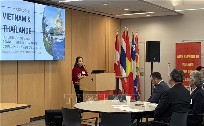 Tham tán Thương mại Đại sứ quán Việt Nam tại Canada Trần Thu Quỳnh phát biểu tại Hội thảo. Ảnh: Hà Linh - PV TTXVN tại Canada