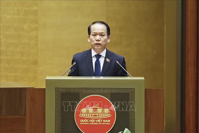 Bộ trưởng Bộ Tư pháp Hoàng Thanh Tùng, thừa ủy quyền của Thủ tướng Chính phủ trình bày tờ trình về 3 dự án: Luật Đấu giá tài sản (sửa đổi); Luật Luật sư (sửa đổi); Luật Nuôi con nuôi (sửa đổi). Ảnh: Doãn Tấn - TTXVN