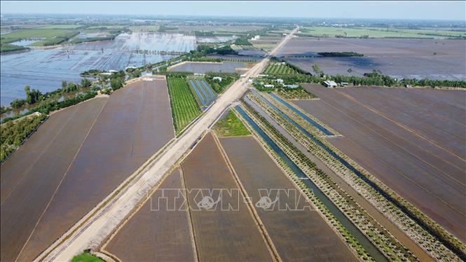 Một đoạn thuộc Dự án đường ĐT.857 cắt ngang đồng ruộng đã hoàn thành đắp cát nền đường. Ảnh: Nhựt An - TTXVN