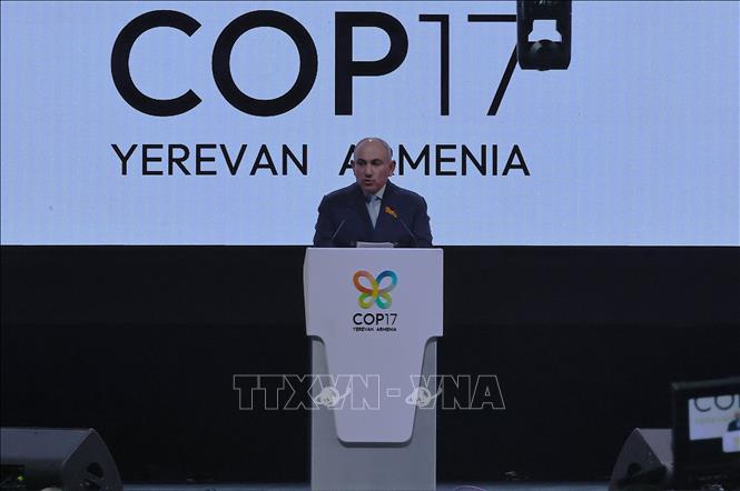 Thủ tướng Armenia Nikol Pashinyan phát biểu tại lễ khai mạc Hội nghị lần thứ 17 các bên tham gia Công ước về Đa dạng sinh học (COP17) ở Yerevan, Armenia ngày 18/10/2026. Ảnh: THX/TTXVN phát