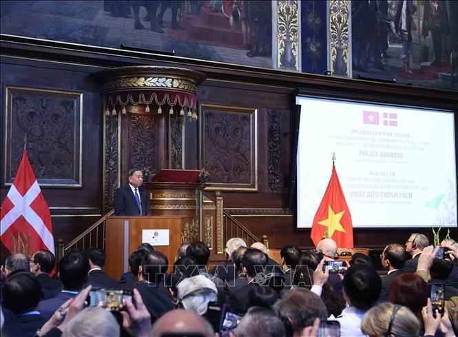 Tổng Bí thư, Chủ tịch nước Tô Lâm phát biểu chính sách tại Đại học Copenhagen (Đan Mạch). Ảnh: Thống Nhất – TTXVN