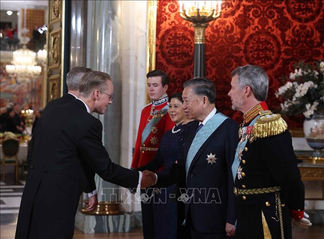 Tổng Bí thư, Chủ tịch nước Tô Lâm và Phu nhân Ngô Phương Ly cùng Nhà Vua Đan Mạch Frederik X, Hoàng hậu Mary và Thái tử Christian với các đại biểu dự chiêu đãi. Ảnh: Thống Nhất – TTXVN